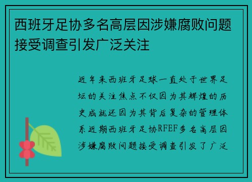 西班牙足协多名高层因涉嫌腐败问题接受调查引发广泛关注
