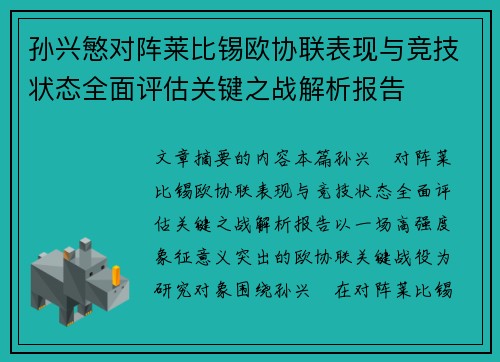 孙兴慜对阵莱比锡欧协联表现与竞技状态全面评估关键之战解析报告 孙兴慜对阵莱比锡欧协联表现与竞技状态全面评估关键之战解析报告